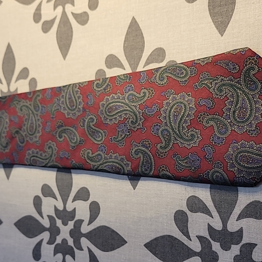 Kenneth Stevens Burgandy Silk Tie with Green, Purple, and Brown Paisleys